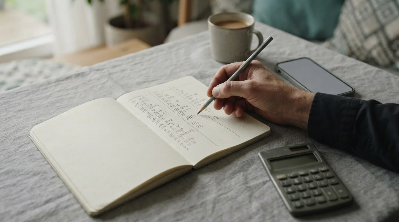 Cuaderno con tres columnas a lápiz junto a un móvil y una calculadora
