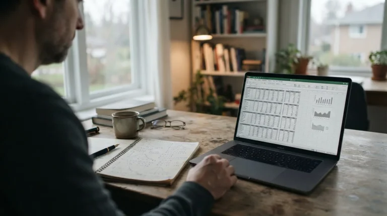 Cuaderno con curvas de probabilidad junto a un portátil con tablas neutras