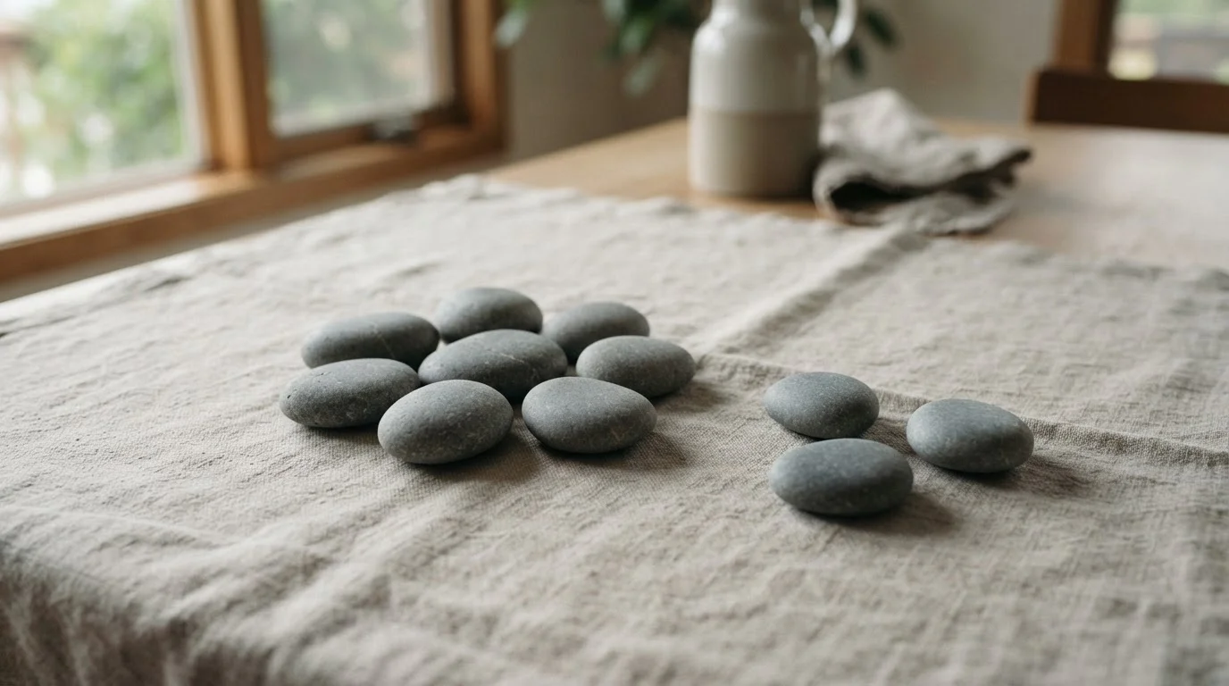 Diez piedras grises sobre un mantel, siete agrupadas y tres apartadas