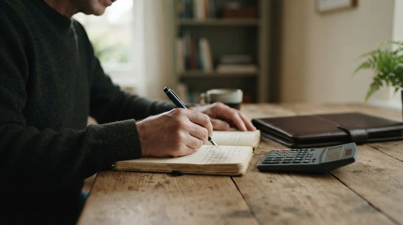 Manos tomando notas junto a una calculadora y una carpeta cerrada