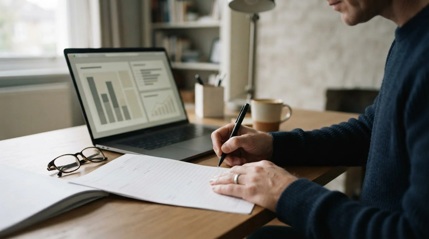 Manos rellenando un formulario en blanco junto a un portátil con columnas de datos