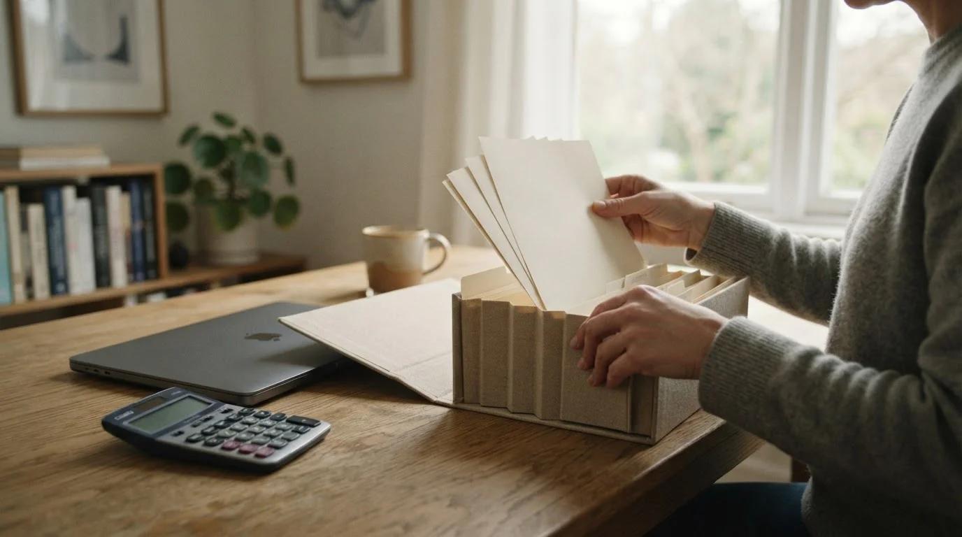 Manos ordenando formularios en blanco en una carpeta junto a un portátil cerrado