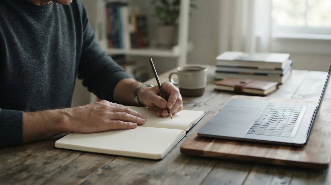Manos de un adulto con un lápiz sobre un cuaderno junto a un portátil