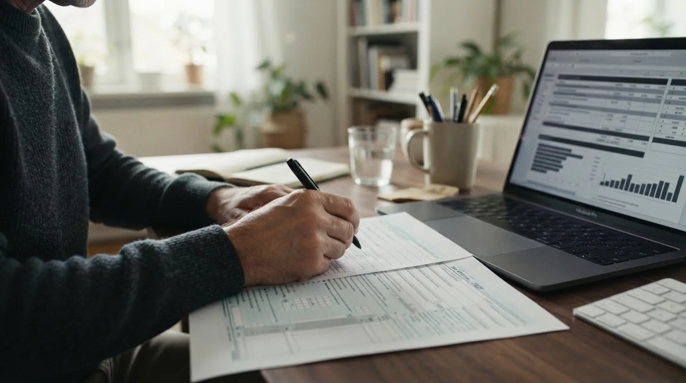 Manos de un adulto rellenando un formulario fiscal junto a un portátil