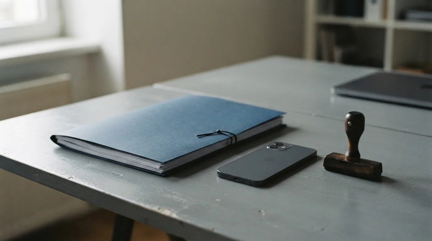 Móvil junto a una carpeta de documentos oficiales sobre un escritorio gris