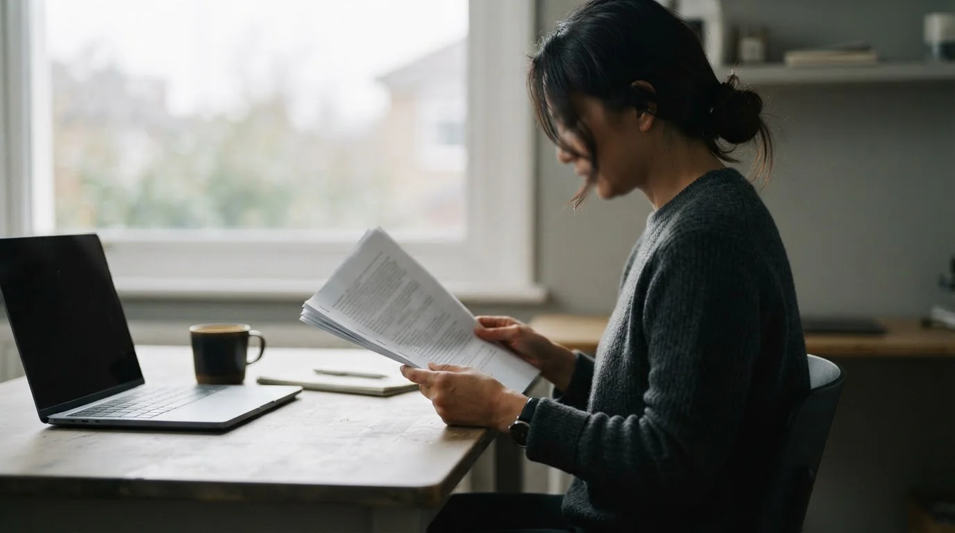 Persona de perfil leyendo un documento grapado junto a un portátil cerrado