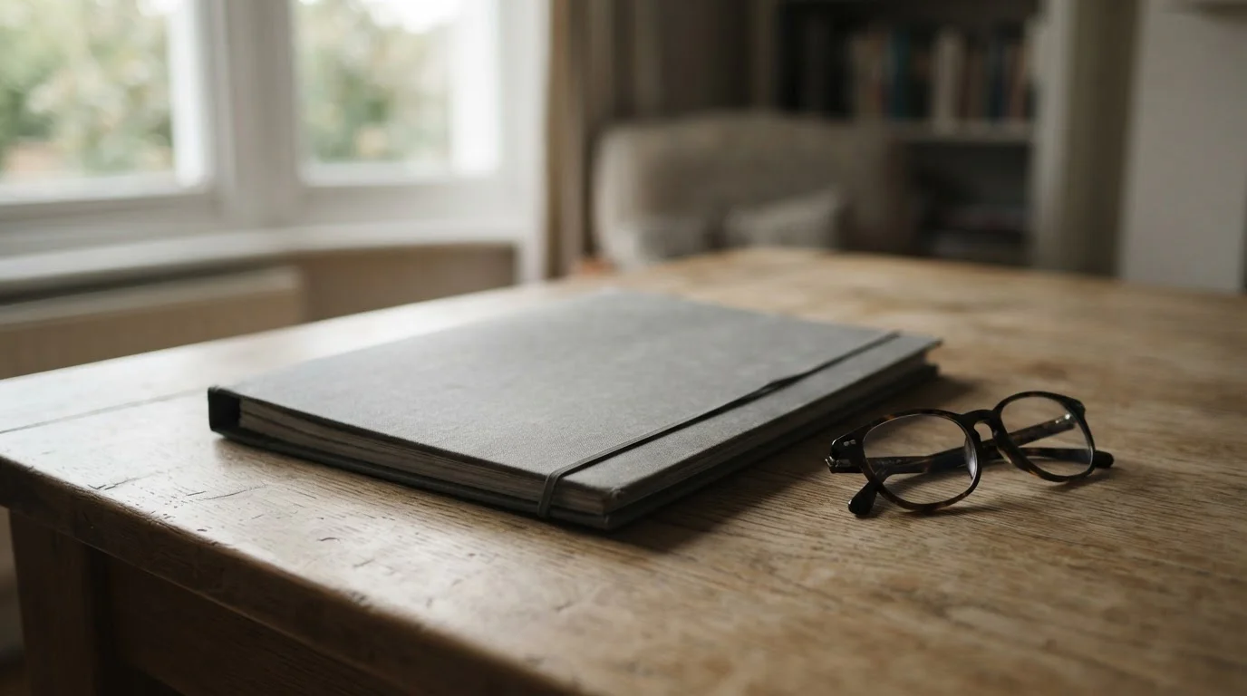 Carpeta gris de documentos y gafas de lectura sobre una mesa de roble