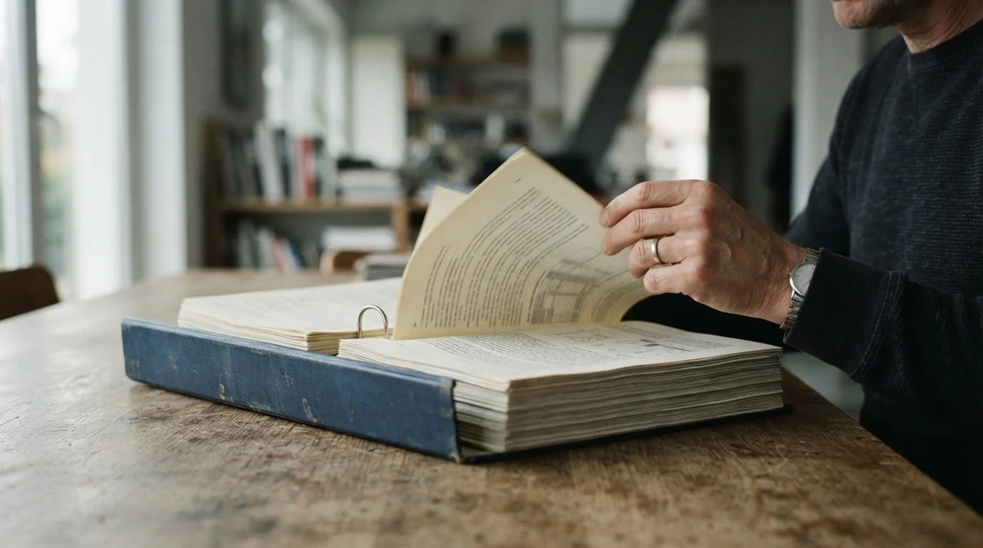 Manos pasando las páginas de un texto normativo impreso sobre una mesa