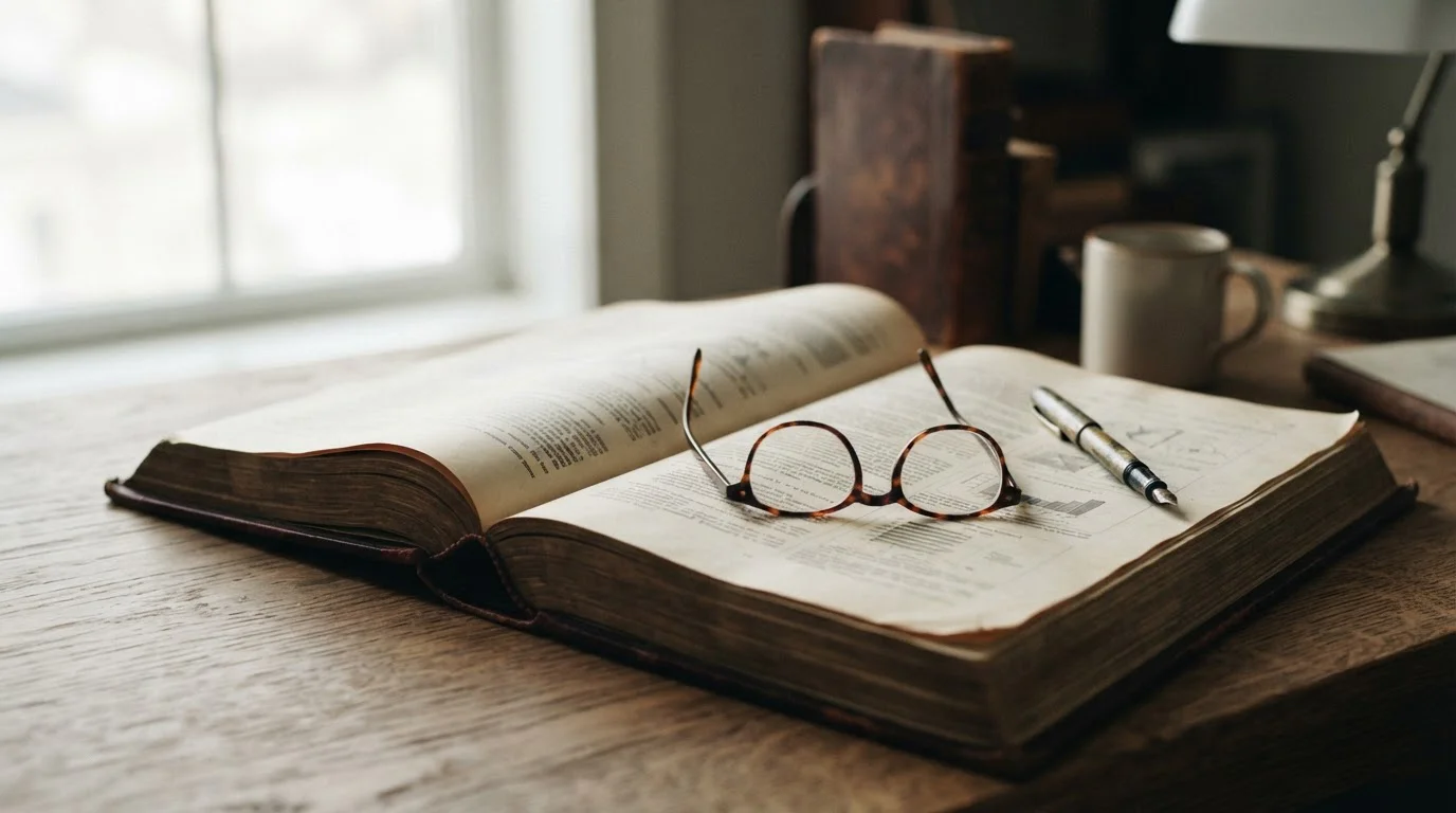 Documento normativo abierto con unas gafas de lectura encima