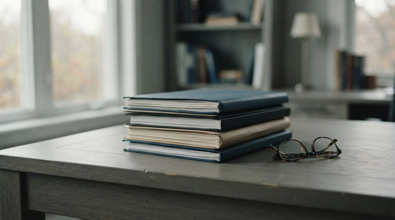 Documentos legales encuadernados y gafas de lectura sobre una mesa gris