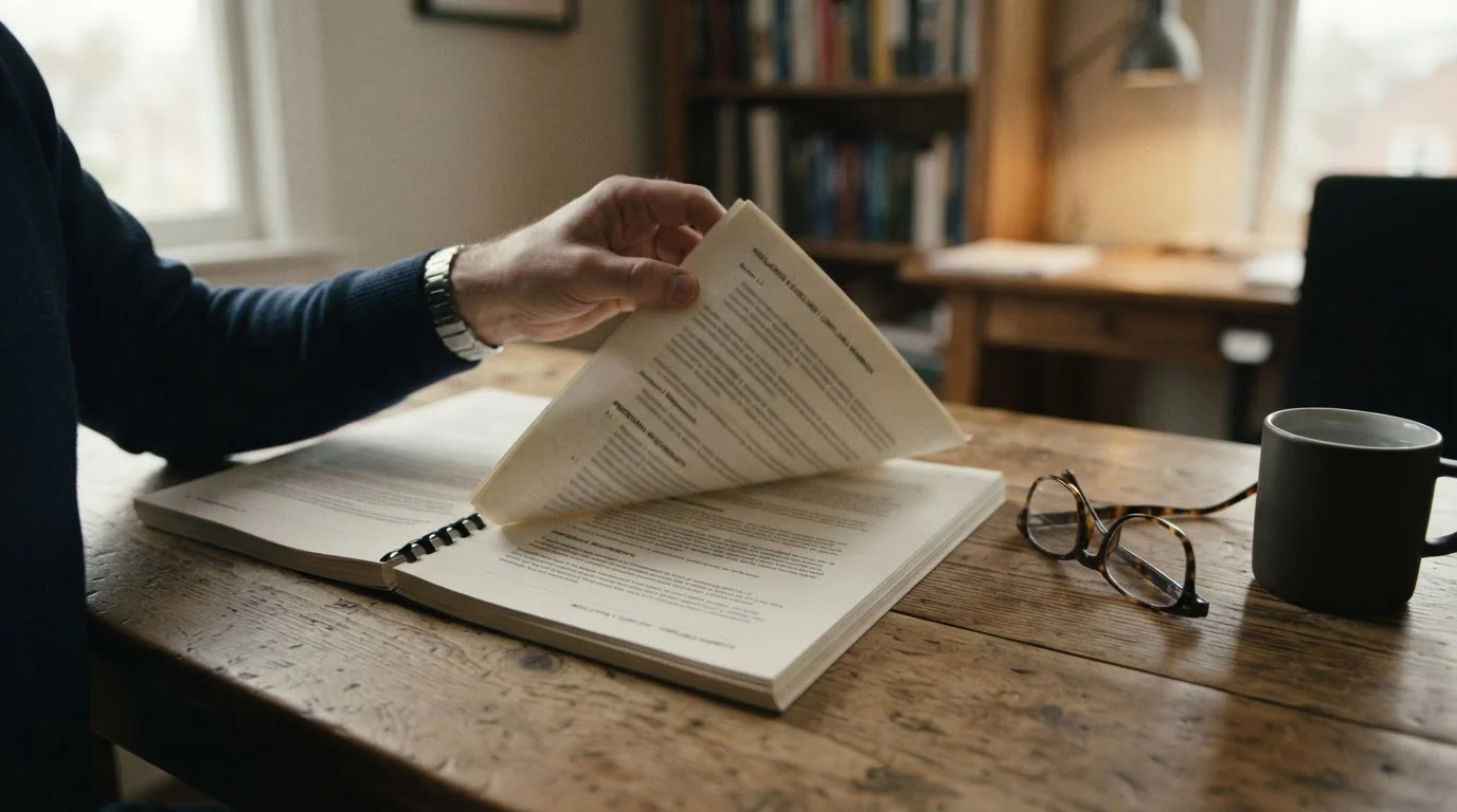 Manos que pasan las páginas de un documento normativo sobre una mesa de madera