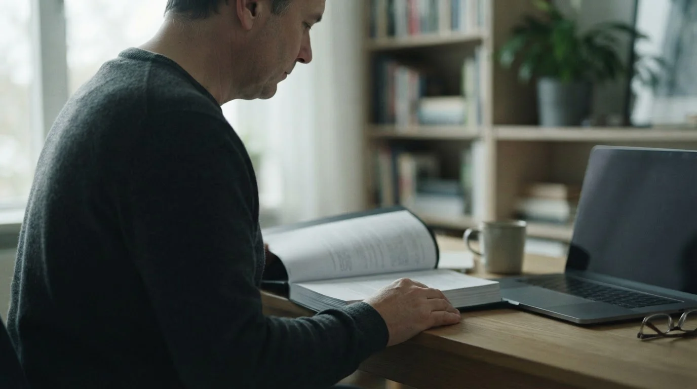 Persona leyendo un documento normativo en su escritorio