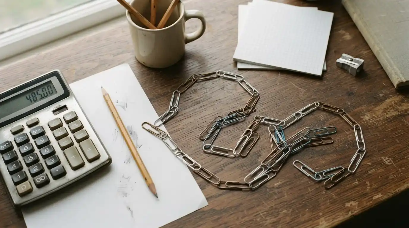 Calculadora, lápiz y una cadena de clips sobre un escritorio