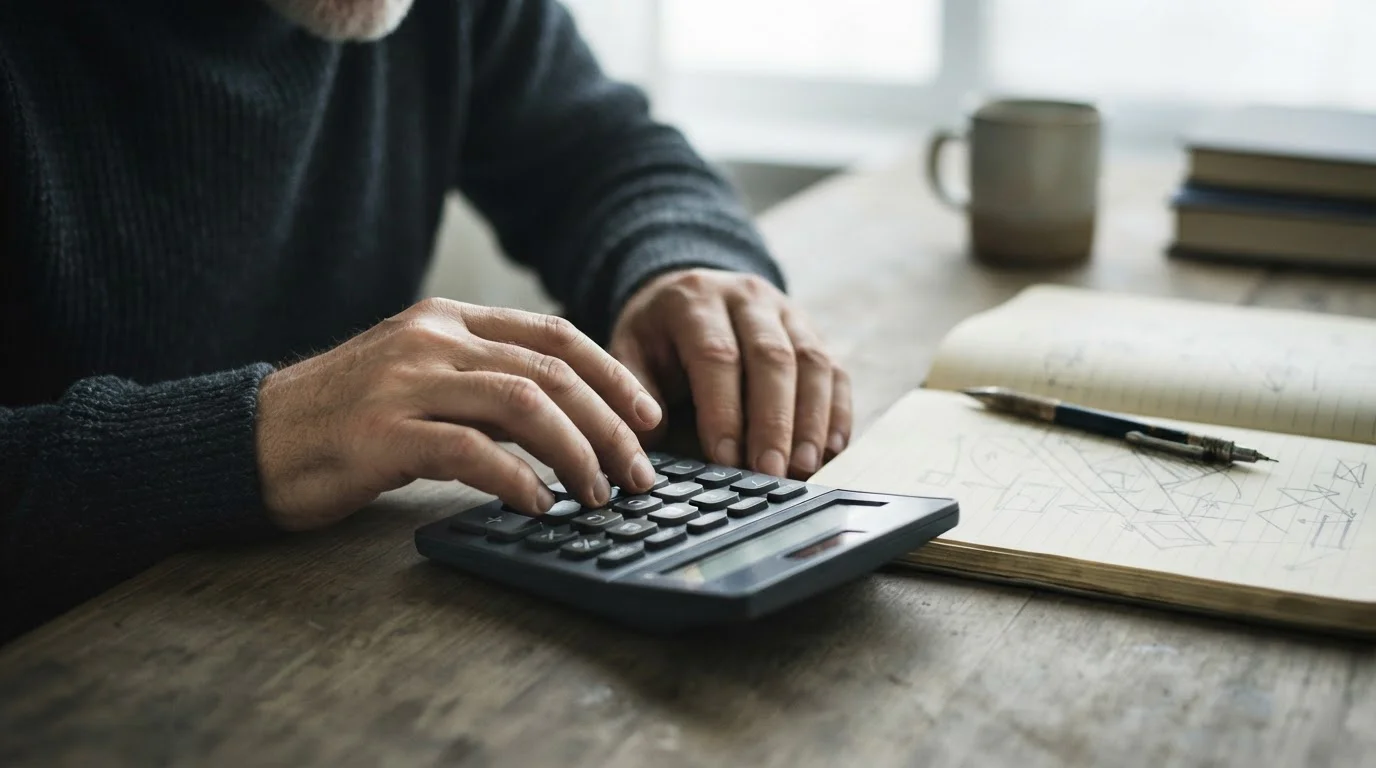 Manos con calculadora junto a un cuaderno de cálculos