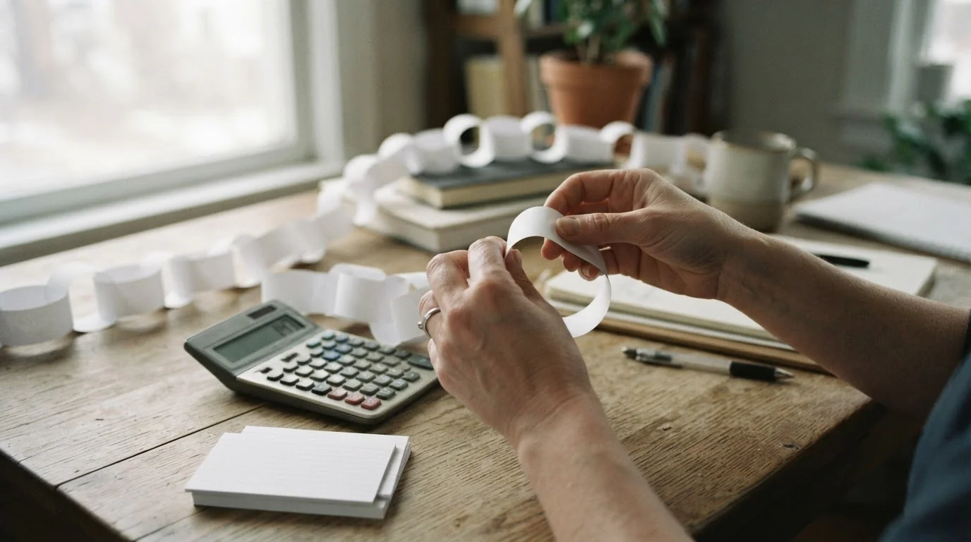 Manos añadiendo un eslabón de papel a una cadena junto a una calculadora