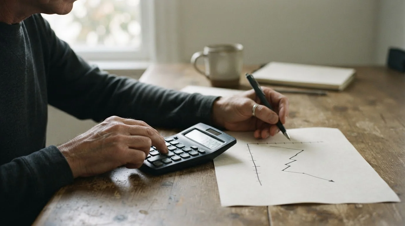 Manos con una calculadora junto a un gráfico de línea descendente
