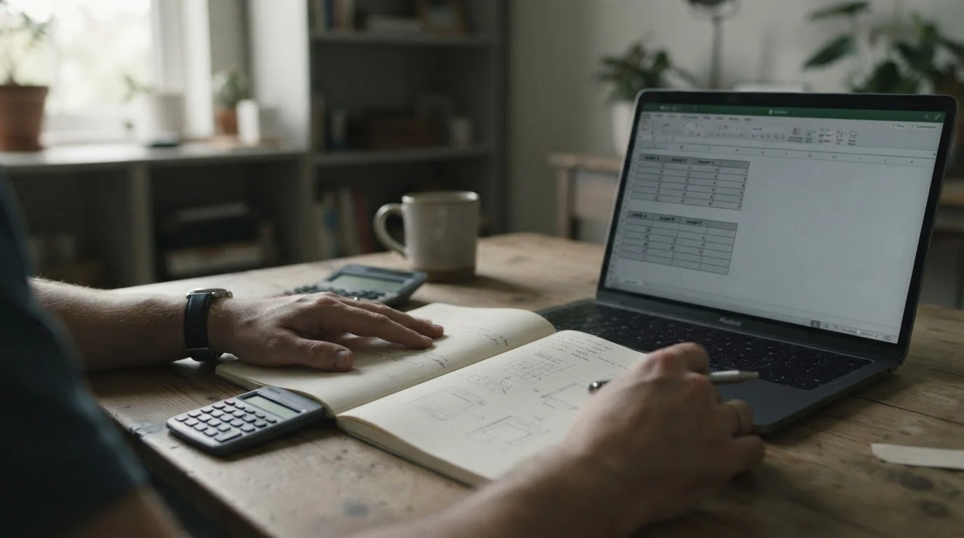 Manos sobre un cuaderno junto a un portátil con dos tablas comparativas