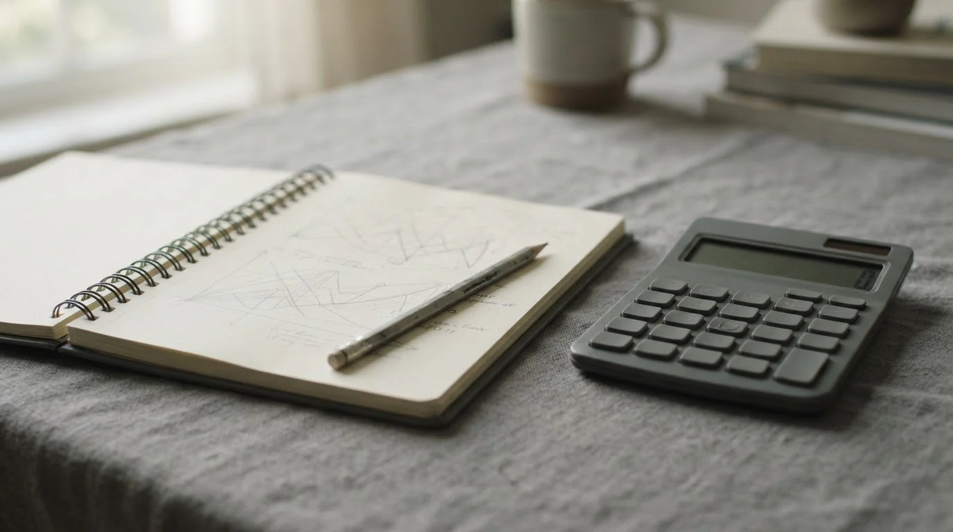 Cuaderno con líneas de cálculo a lápiz junto a una calculadora