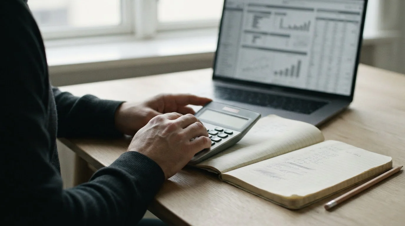 Manos con calculadora y cuaderno calculando el margen de una cuota