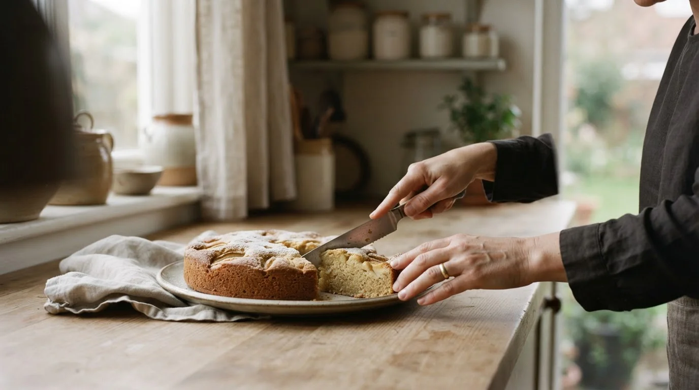 Manos cortando una porción fina de una tarta redonda sobre una encimera