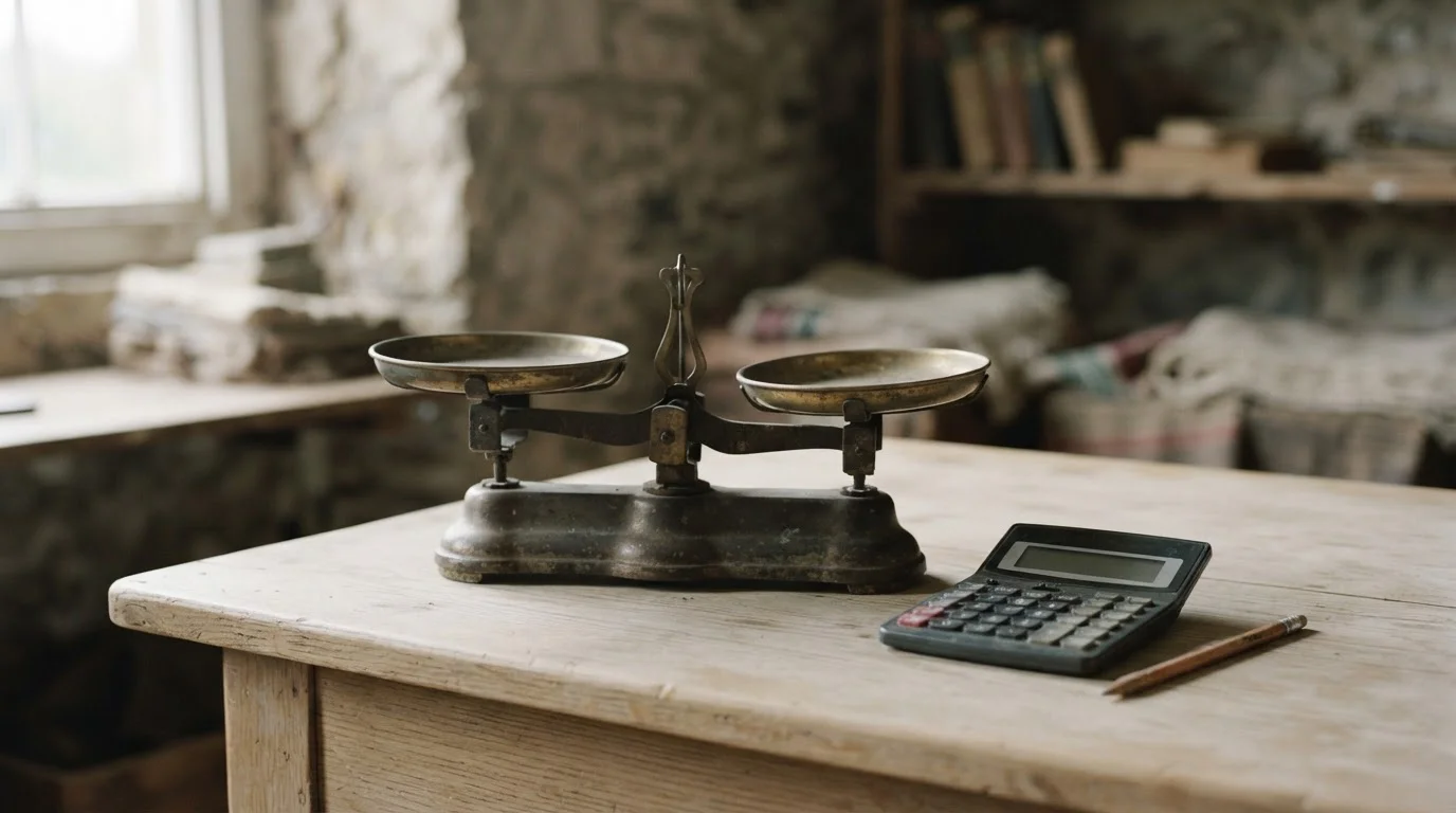 Balanza inclinada hacia un lado junto a una calculadora y un lápiz