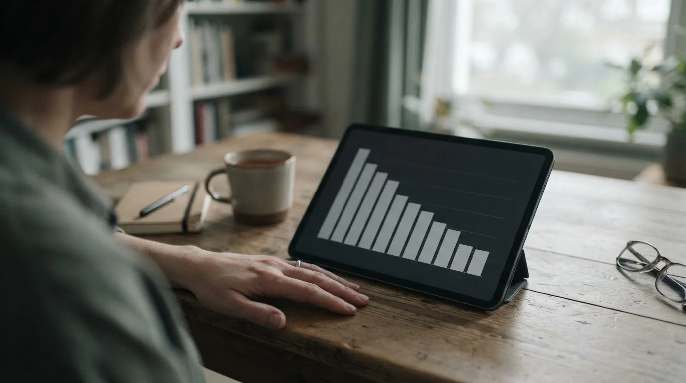 Gráfico de nueve barras de altura decreciente en la pantalla de una tableta