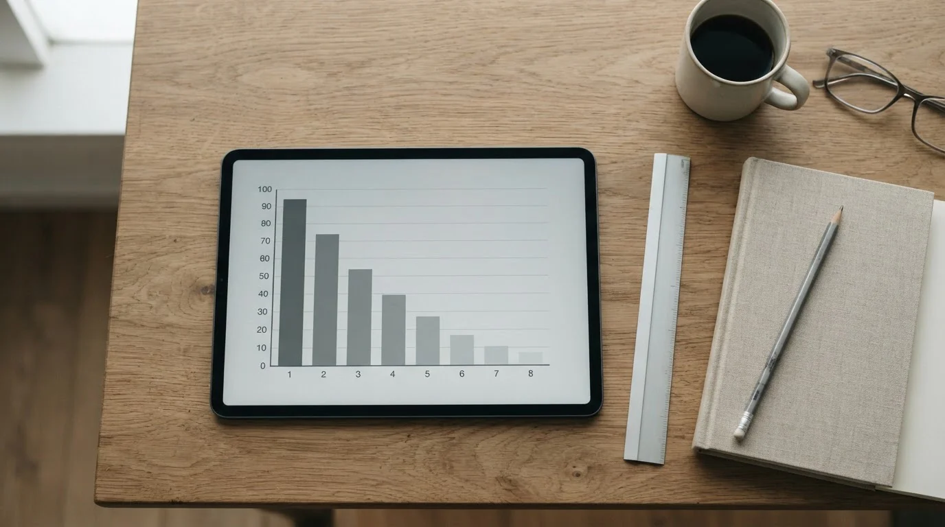 Tableta con un gráfico de barras que decrece paso a paso