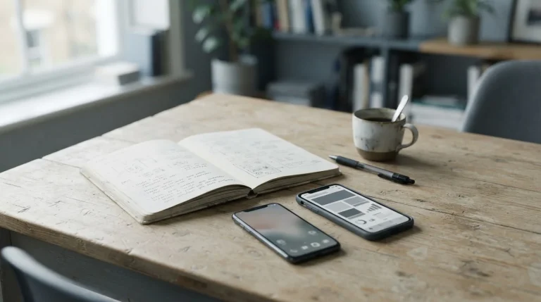 Dos móviles con interfaces neutras sobre un escritorio de madera junto a un cuaderno abierto