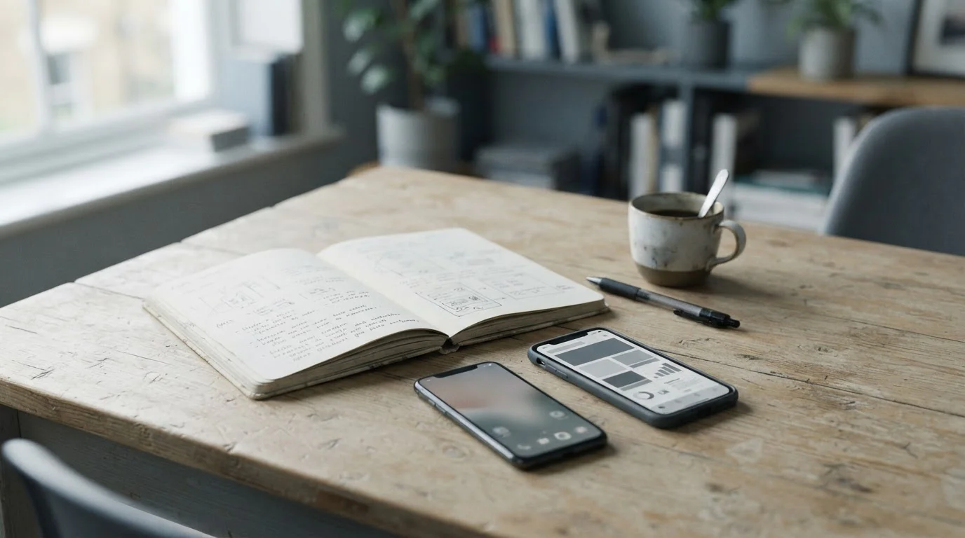 Dos móviles con interfaces neutras sobre un escritorio de madera junto a un cuaderno abierto