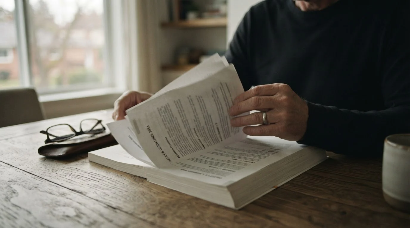 Manos pasando las páginas de un documento normativo
