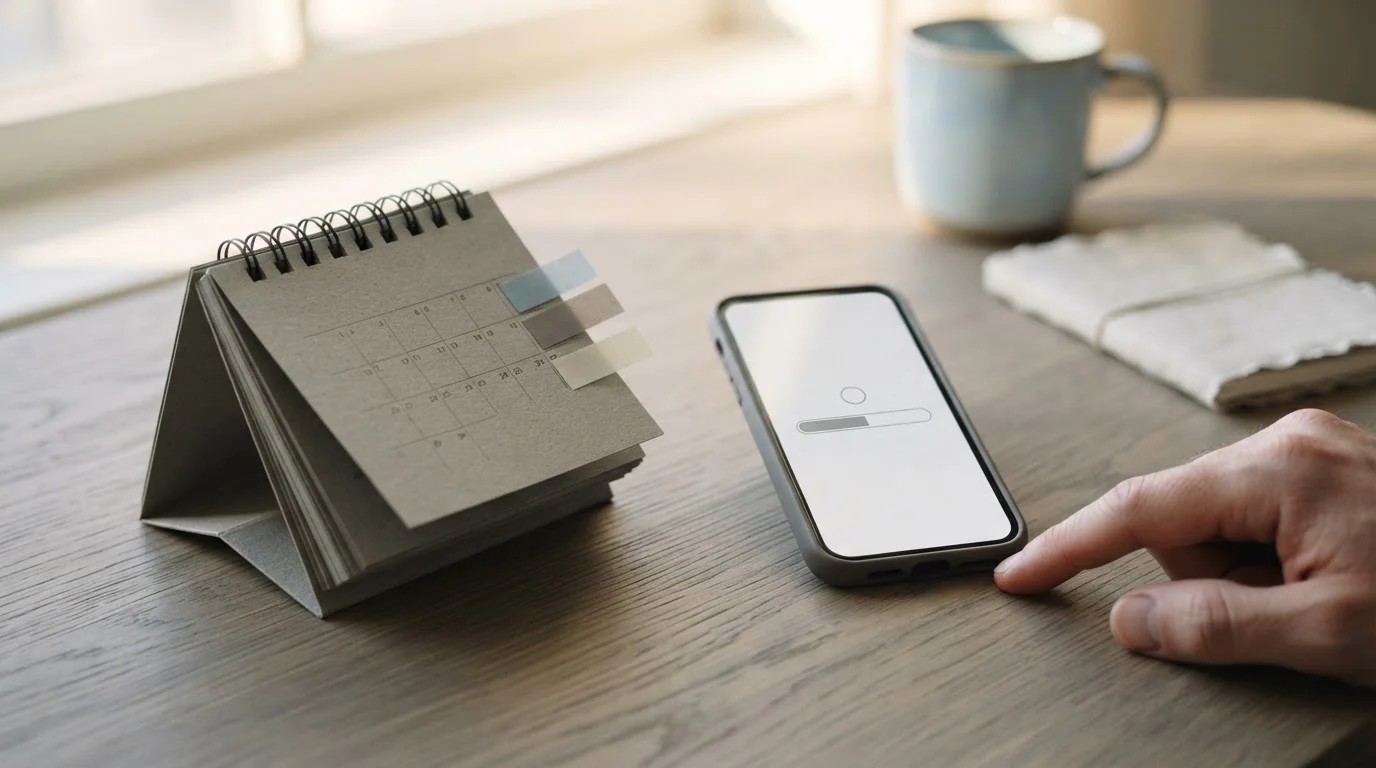 Calendario de escritorio con cinco días marcados junto a un móvil con una barra de progreso