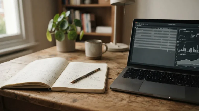 Cuaderno y portátil con tablas neutras sobre un escritorio de madera