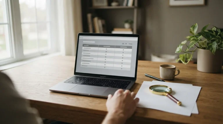 Escritorio con portátil y tabla comparativa de casas de apuestas en tonos neutros