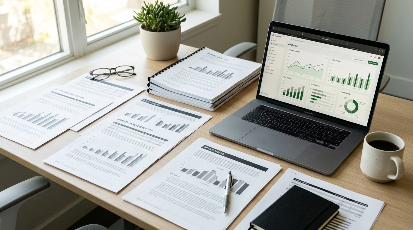 Documentos oficiales y graficos de datos sobre una mesa de trabajo profesional