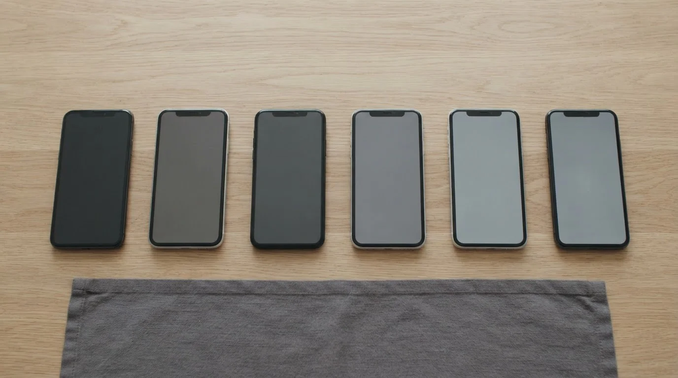 Seis móviles alineados sobre una mesa, cada uno con una interfaz distinta
