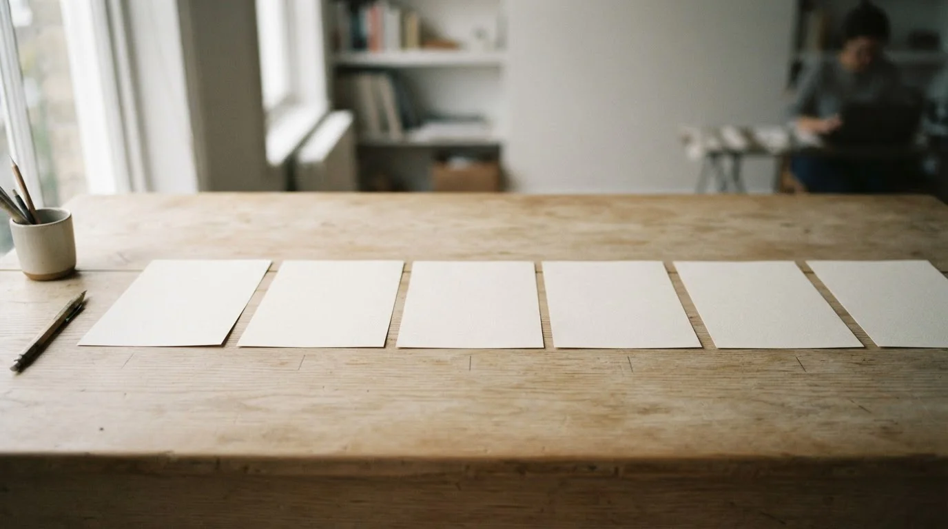 Siete hojas en blanco alineadas sobre una mesa, cada una con una anotación a lápiz