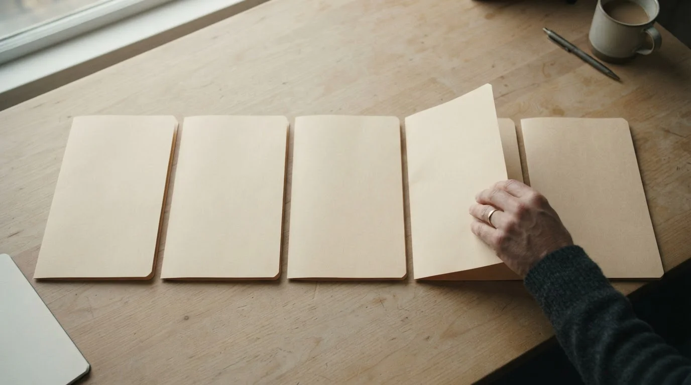 Siete carpetas sin rótulo alineadas sobre una mesa de madera