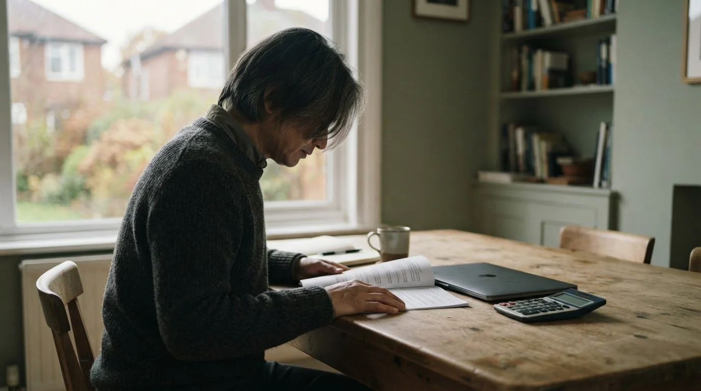 Persona de perfil leyendo un documento impreso junto a una calculadora