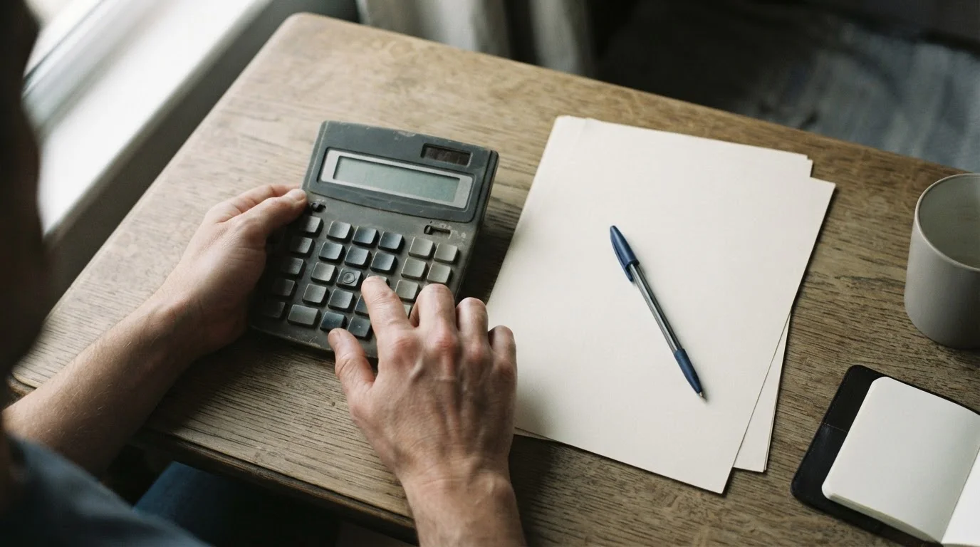 Manos usando una calculadora de escritorio junto a hojas de papel en blanco