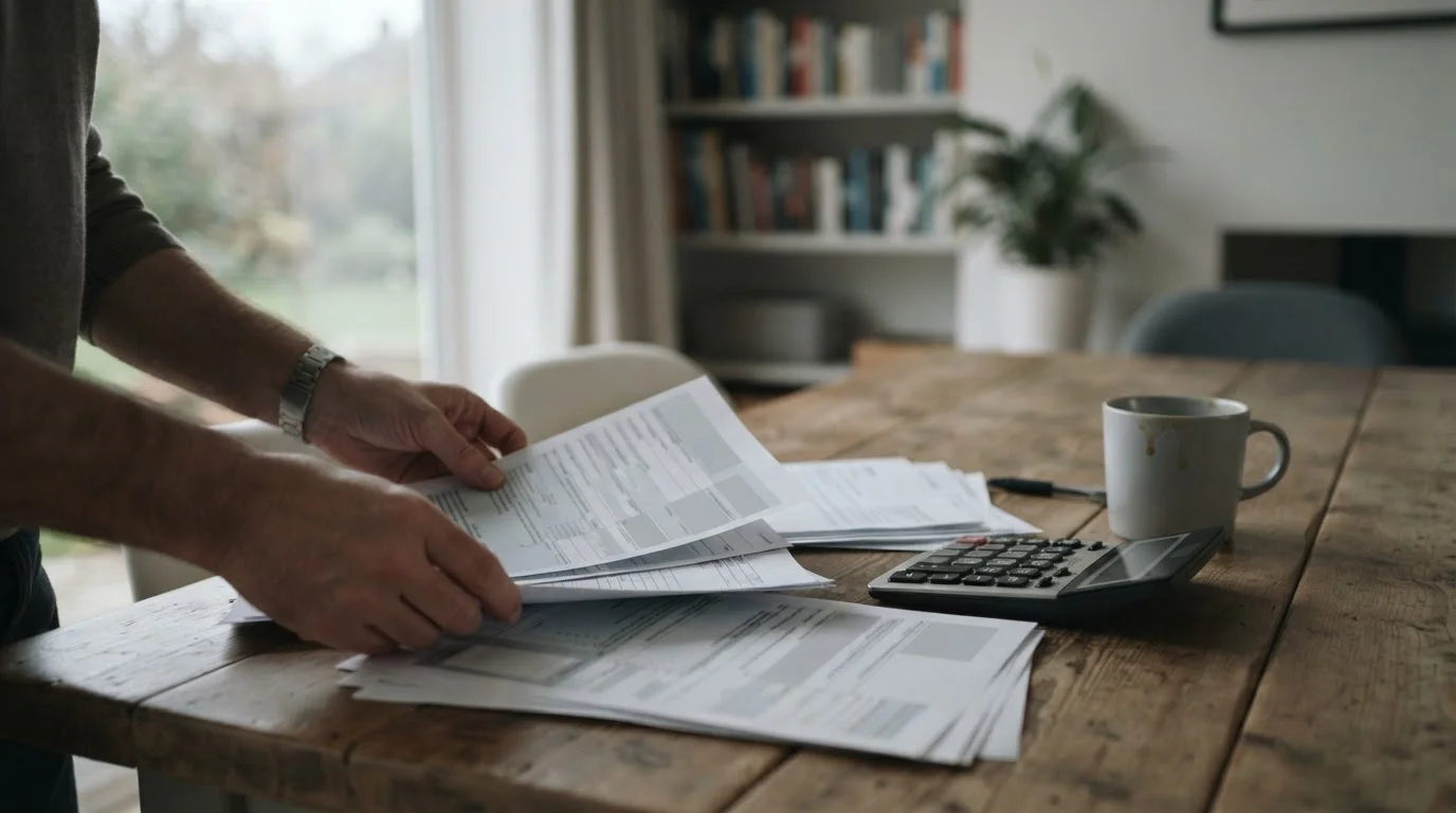 Manos de un adulto revisando formularios fiscales junto a una calculadora